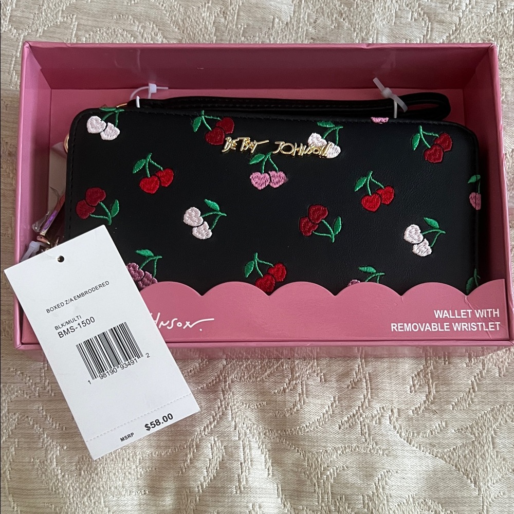 Betsey Johnson Black Wallet with Cherry Design NIB in giftable box
